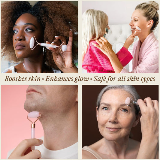 Rodillo facial de cuarzo rosa – Herramienta de masaje facial refrescante para una luminosidad más suave y de aspecto más fresco