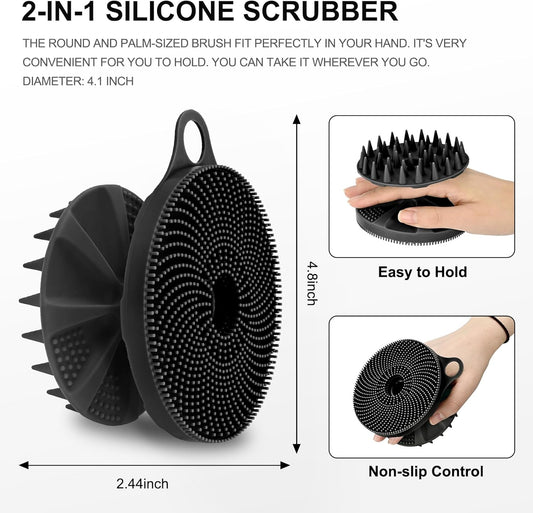 2-In-1 Silicone Body Scrubber and Scalp Massager Shampoo Brush, Food-Grade Soft Material, More Hygienic, Easily Lather, Convenient for Travel, Gym, Business,Etc (Black)