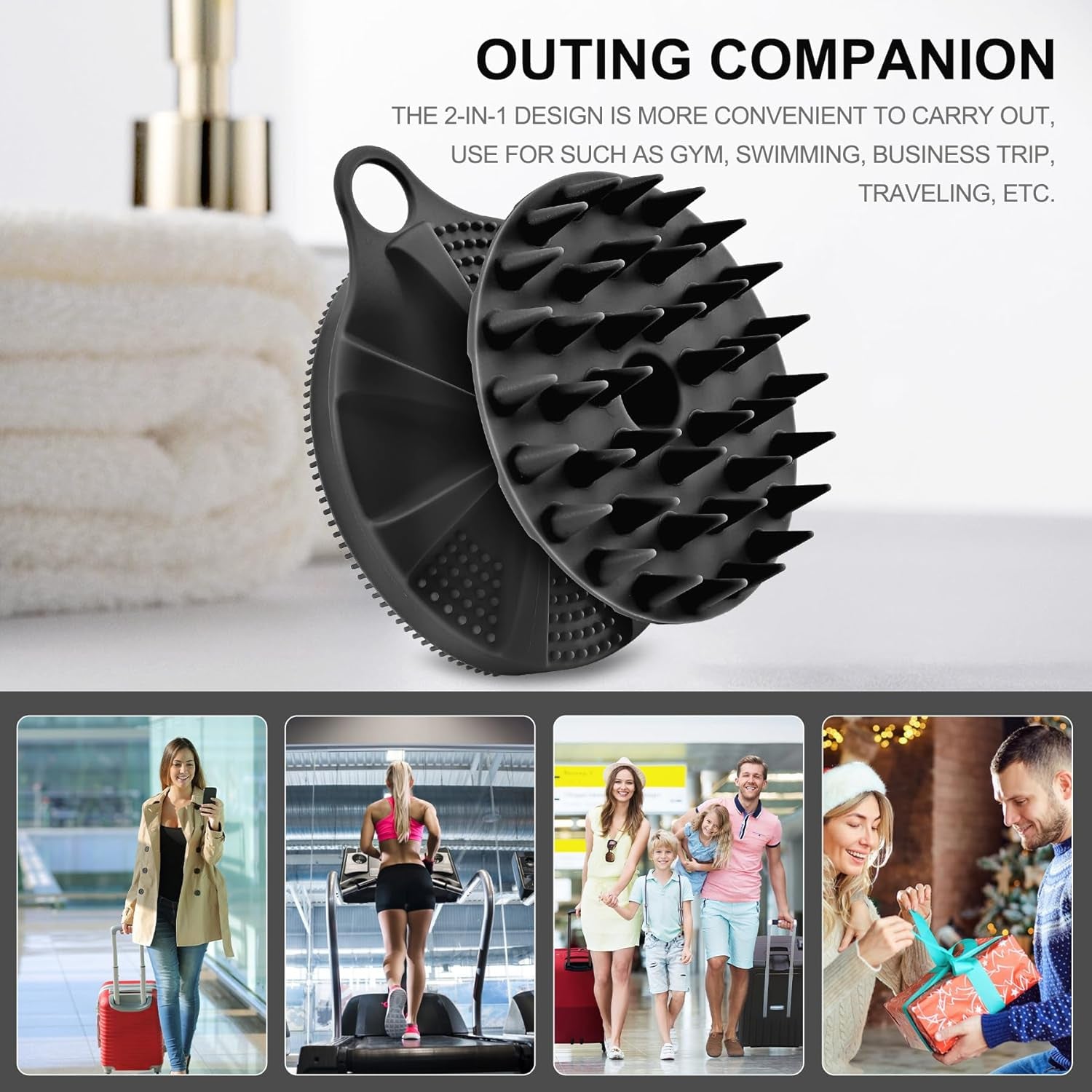 2-In-1 Silicone Body Scrubber and Scalp Massager Shampoo Brush, Food-Grade Soft Material, More Hygienic, Easily Lather, Convenient for Travel, Gym, Business,Etc (Black)