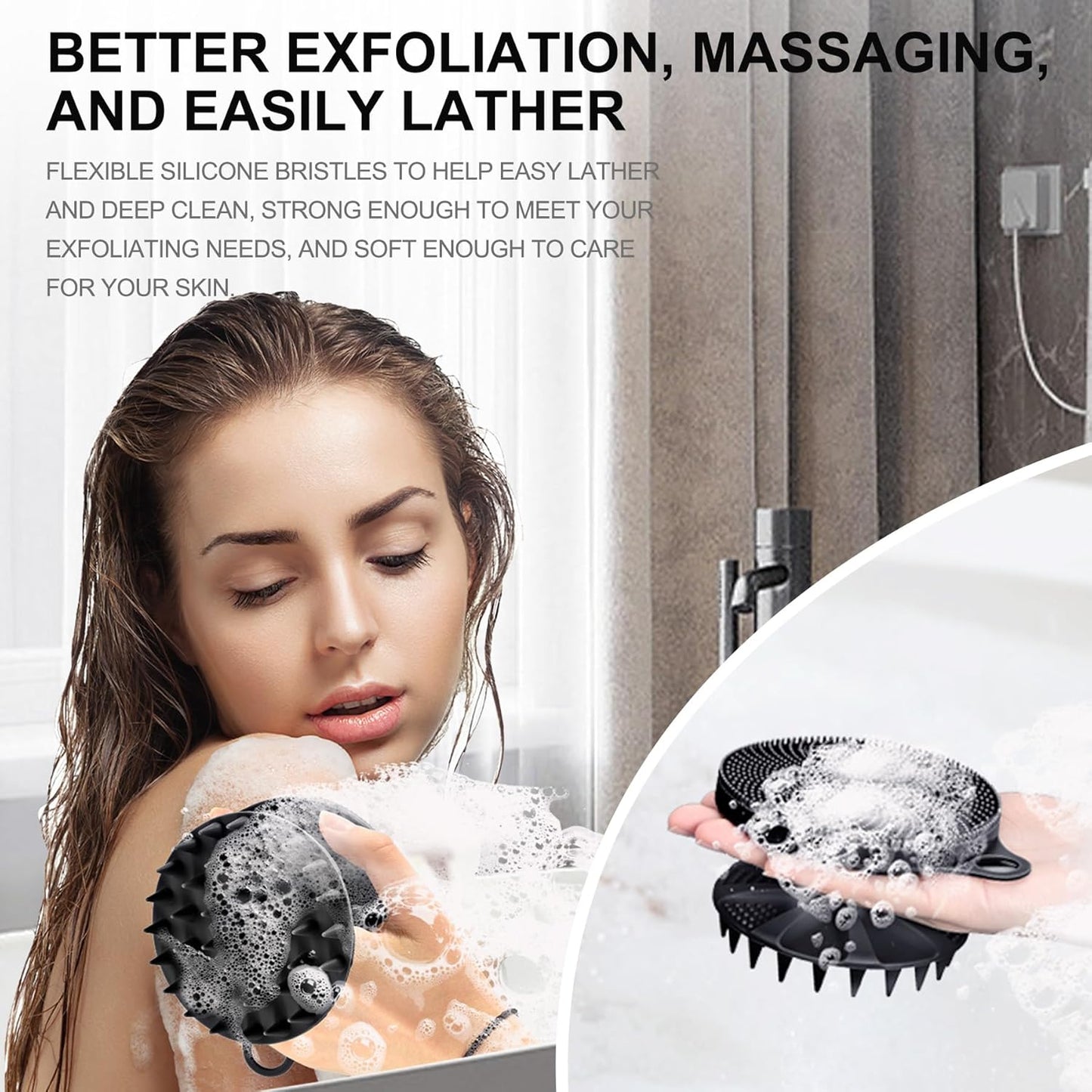 2-In-1 Silicone Body Scrubber and Scalp Massager Shampoo Brush, Food-Grade Soft Material, More Hygienic, Easily Lather, Convenient for Travel, Gym, Business,Etc (Black)