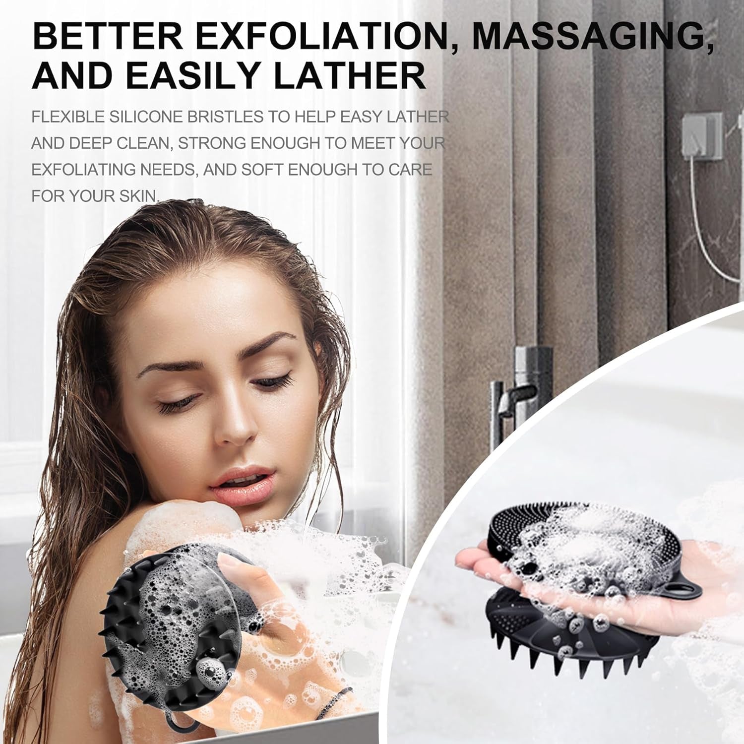 2-In-1 Silicone Body Scrubber and Scalp Massager Shampoo Brush, Food-Grade Soft Material, More Hygienic, Easily Lather, Convenient for Travel, Gym, Business,Etc (Black)
