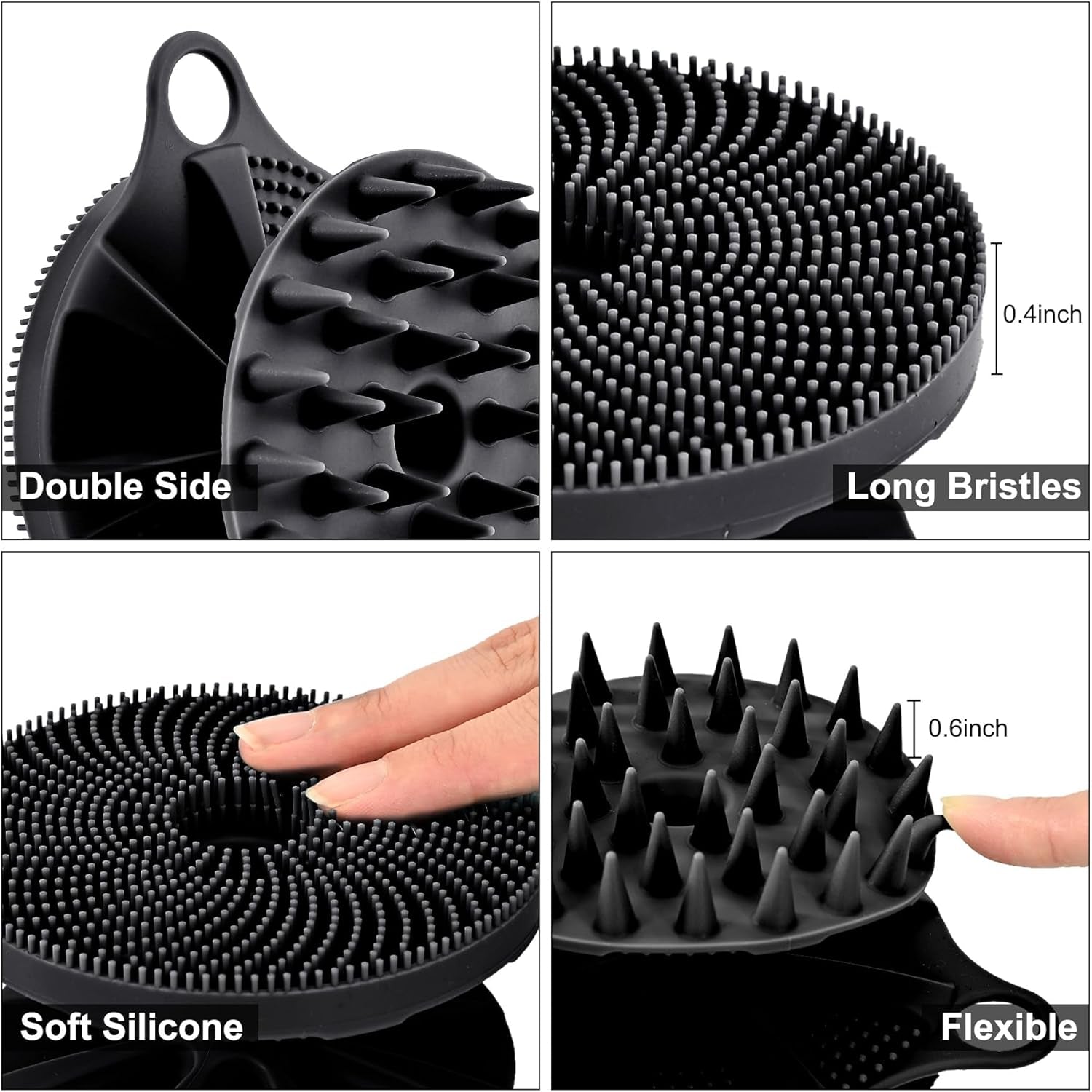 2-In-1 Silicone Body Scrubber and Scalp Massager Shampoo Brush, Food-Grade Soft Material, More Hygienic, Easily Lather, Convenient for Travel, Gym, Business,Etc (Black)